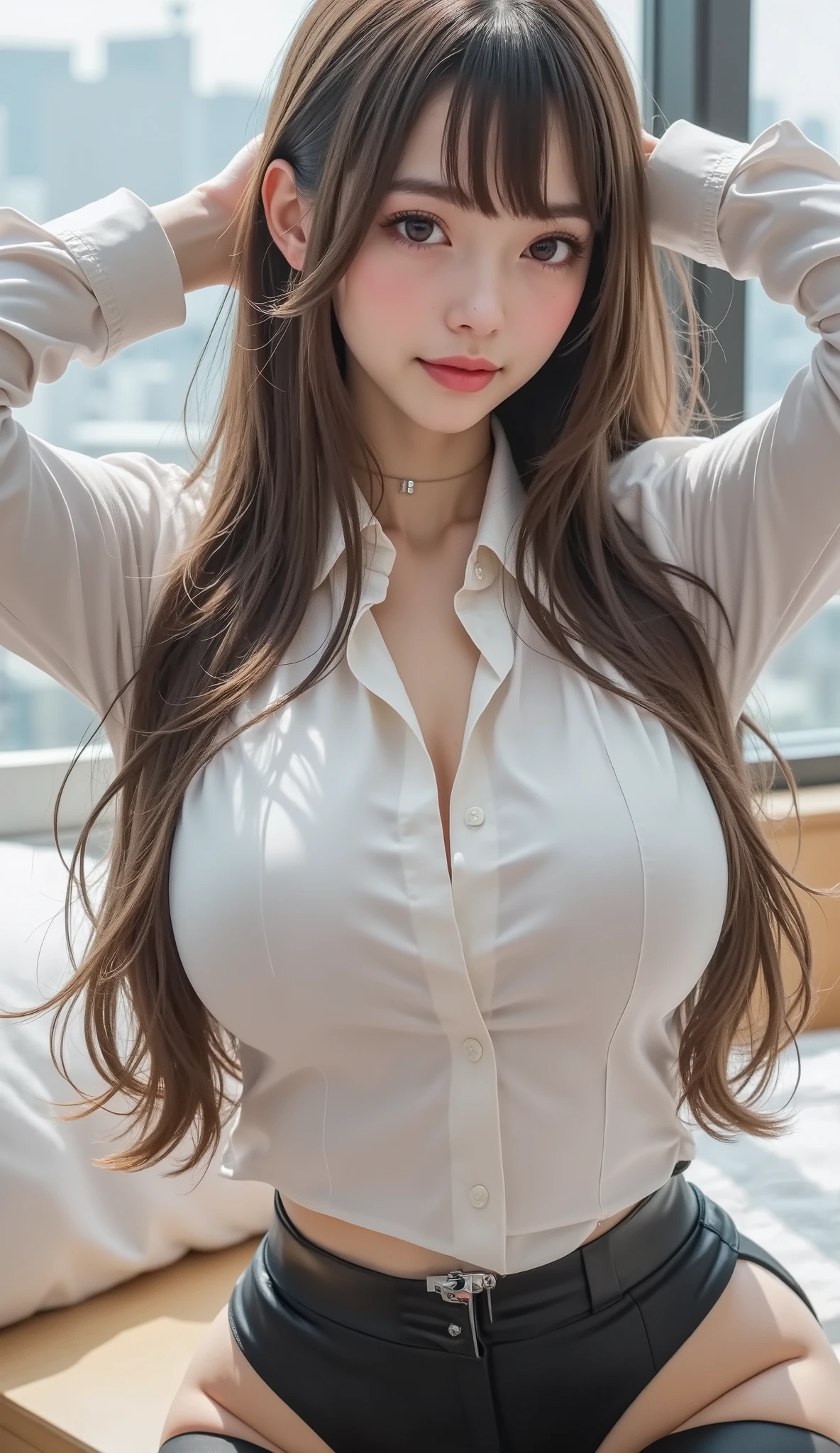 (16k、 RAW photos , top quality, masterpiece)、(Actual photo)、(realistic pictures)、 Learn more, beautiful eyes, very detailed and beautiful , amazing details 、 BEAUTY WITH PERFECT BODY 、 real face, detail your face down to the smallest detail、 brown hair、 pink plump gloss、Long loose hair 、Beautiful older sister、 cute beauty with perfect body 、 glowing skin、 glossy lips、 high resolution face and skin texture 、 detailed eyes 、double eyelids、Eyes are black、blue eyes、 Has bangs、A wide shot of a character、Business、 white shirt、 miniskirt、 black stockings、 office district、Asahi、 fold your hands behind your head
