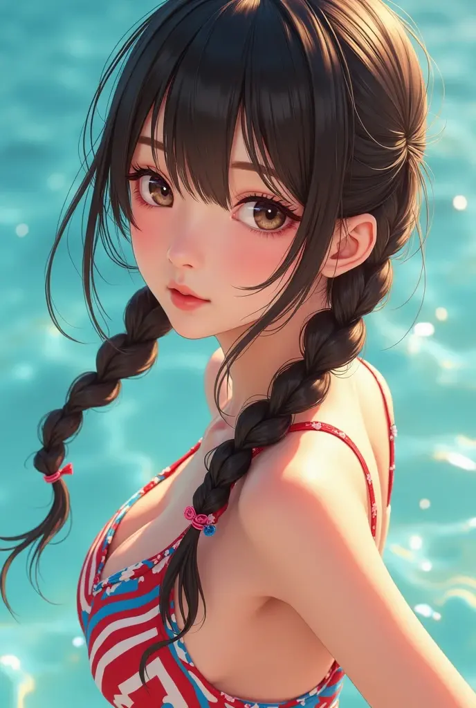 (masterpiece,Highest quality,Ultra-high resolution),Japanese women, (((Very beautiful 25 year old girl))), pretty girl、Look at the photographer、 ((Beautiful low ponytail)), Very cute face, Glossy Lips, Double eyelids on both eyes,Natural smile、 Natural Makeup, Long eyelashes, Shiny and smooth hair、Center image, Perfect limbs, Perfect Anatomy,,(Wet with sweat),,Looking Back.A beautiful 25-year-old woman with a model-like appearance is at a pool. She is wearing a bikini and leaning slightly forward with her index finger on her lips. She is winking with her left eye closed. The background features a luxurious poolside setting with clear blue water and a sunny sky