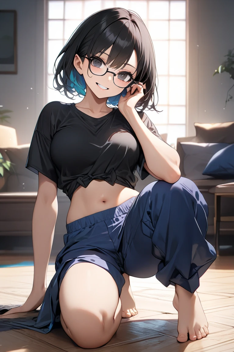 a woman is wearing glasses and cute top and short shorts stands near the bed, 1girl, animal ears, solo, shorts, navel, glasses, black hair, cat ears, midriff, short shorts