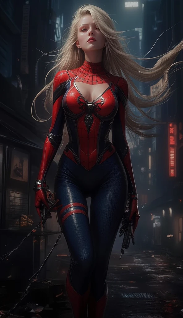 （（（blonde hair, Bangs, hair accessories, ponytail, yellow eyes,  orange eyes,  hair between eyes,（（（Denia，spider man，spider man服装，spider tights，(red cloak:1.2), ））），（（（wide hips））），S-shaped body:1.7））），((masterpiece)),high resolution, ((Best quality at best))，masterpiece，quality，Best quality，（（（ Exquisite facial features，looking at the audience,There  light in the eyes，Ha ha，confidence ））），（（（Light and shadow interlace，huge））），（（（city background，赛博city background）））