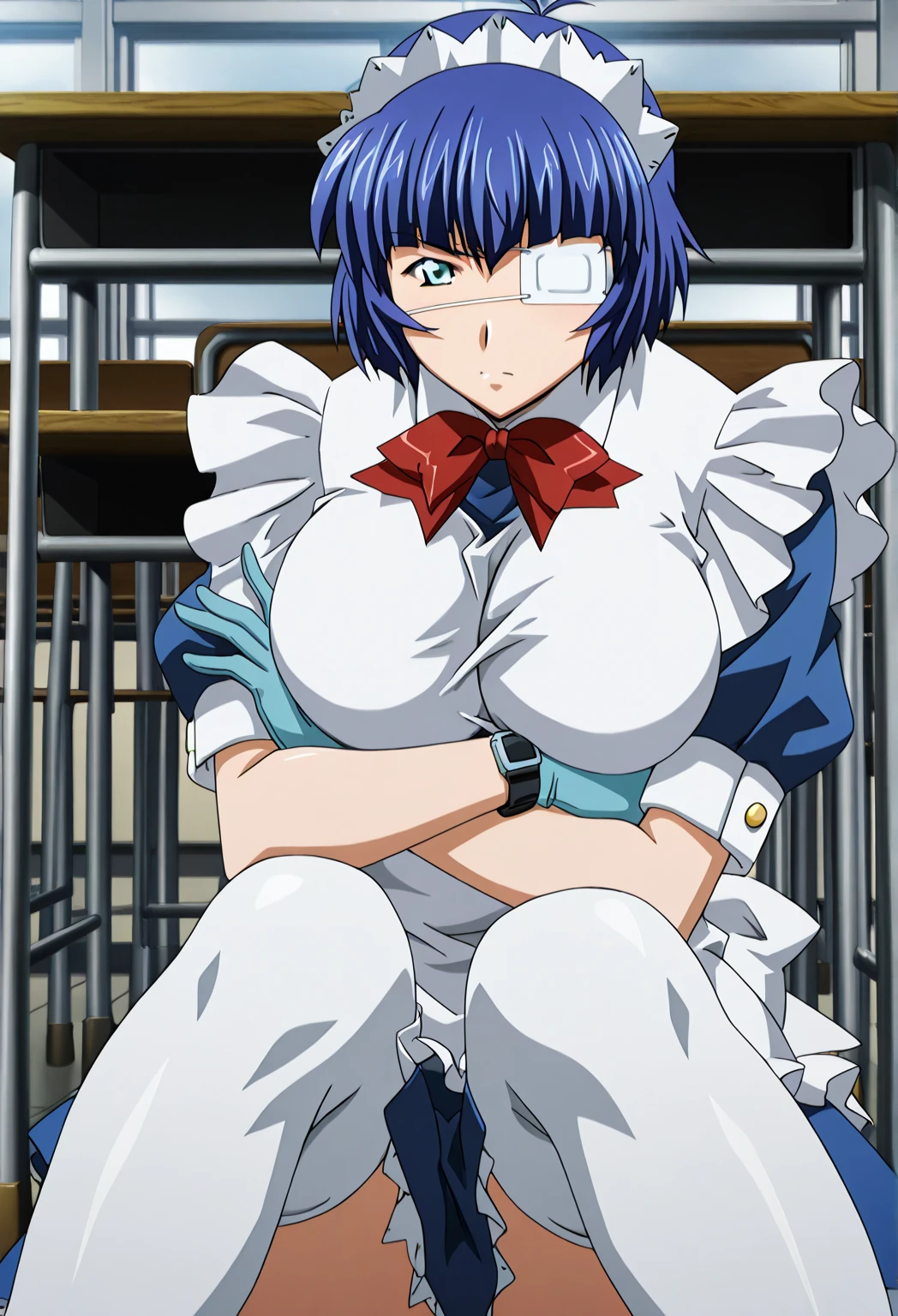 1 woman,Alone,full body,     Short hair, stupid hair, blue hair, Medical eye patch,  blue eyes,the size of their eyes is small,Small eyes, big breasts, school uniform,watch viewers, turn to the viewer,get angry,   close-up, classroom, Maid, Medical eye patch, Maid headdress, Maid apron,  Blue Gloves, white thigh high socks, red ribbon, blue dress,  color, boots, Chest Rubbing,    arms crossed,Sit at a desk with legs crossed,Teaching Excellence,       ,score_9, score_8_up, score_7_up, source_anime, anime screencap, Intricate Details
