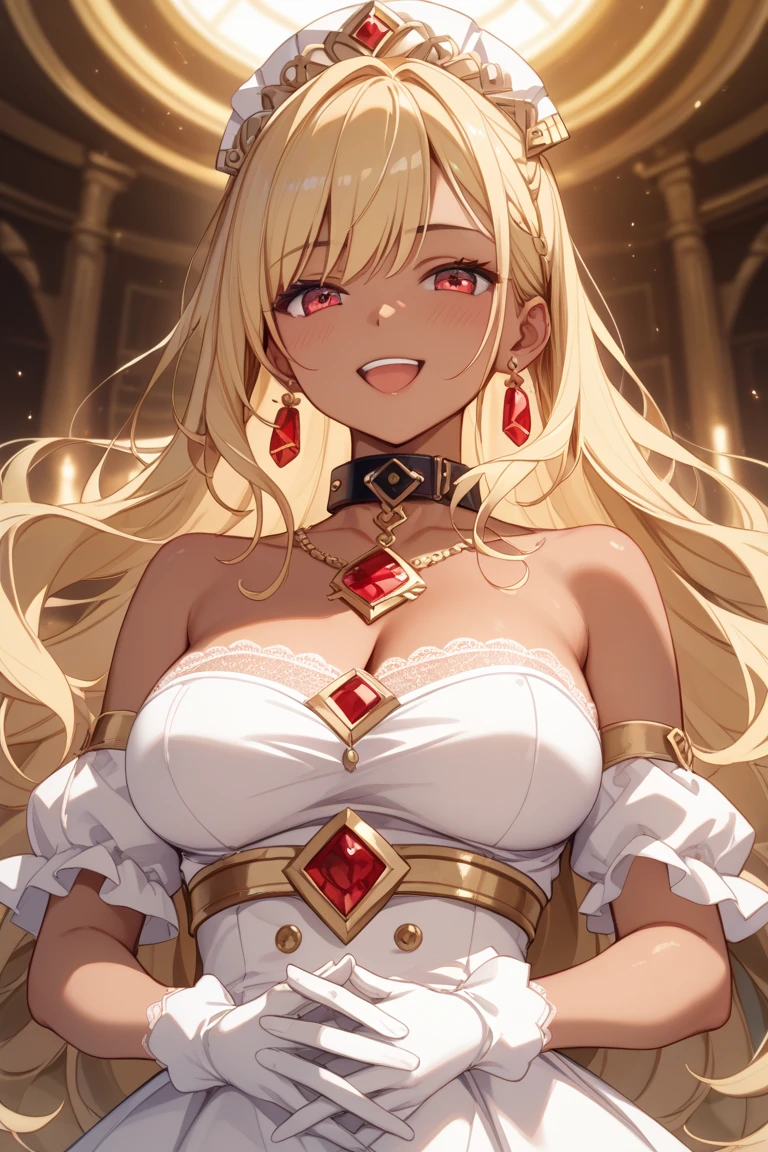 Queen,Innocent expression,Innocent smile,crown,Translucent clothing,Bikini,Translucent clothing,Semi-transparent tulle skirt,Bikini泳装,Red skin,Blonde,Big breasts