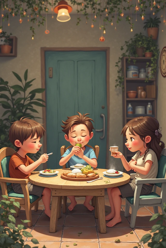 Two people eating together at the table, the people inside eat, there is a casserole on the table, chicken soup in the casserole, flat cartoon illustration, casserole chicken soup cartoon, chicken soup in a casserole happy family, HD illustration, exciting illustration, flat illustration, eating chicken, cartoon illustration, children's book illustration, dinner, cooking, detailed 2D illustration, commercial illustration, children's book illustration, full color illustration, 2D illustration