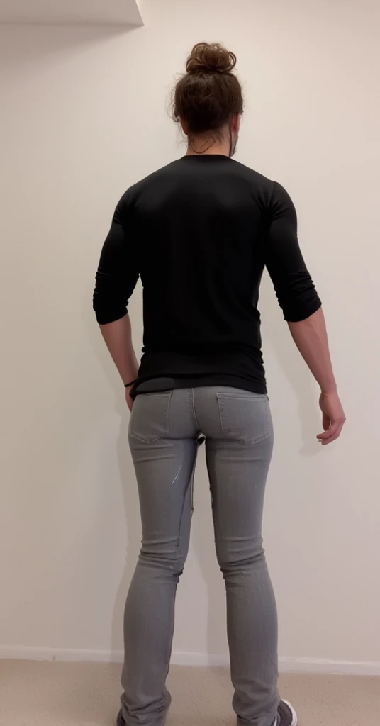 A Hispanic man with a face that looks like Henry Cavill. black man, His body is muscular and he has a toothed beard.. Huge butt, sexy in a moment of reflection. full body. Fajada shirt, semi formal clothing, silver pants, backside.