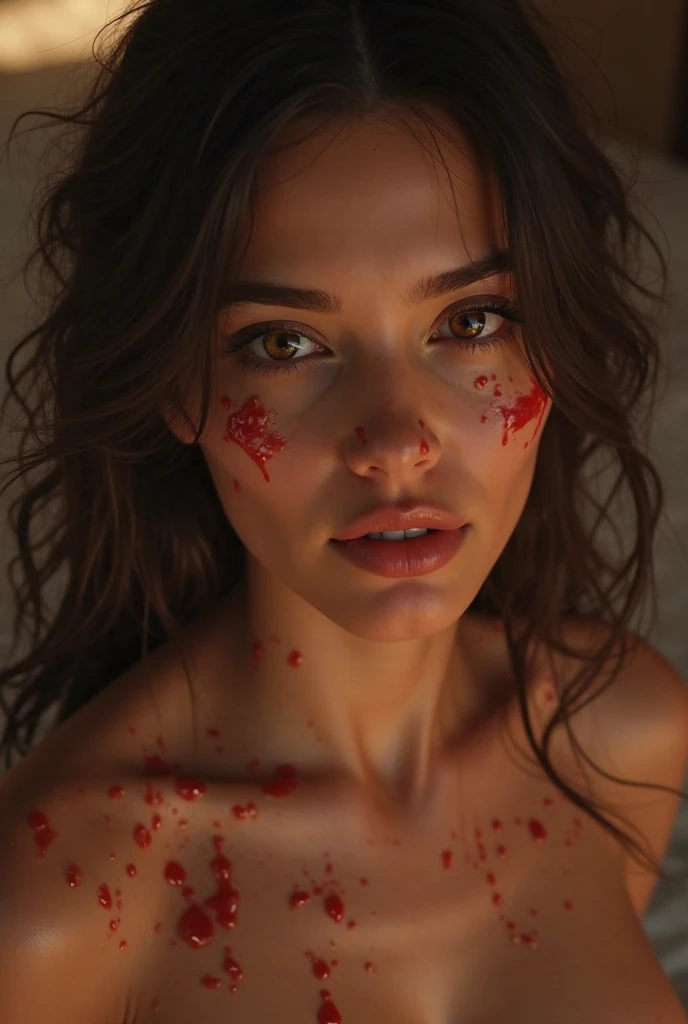 A 1.55m latina girl, 1, C bra size, topless with smerm on her face