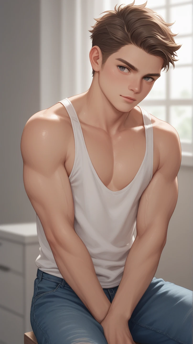 handsome young man in his 20's, dark red hair, Leon Kennedy, mischievous smile,