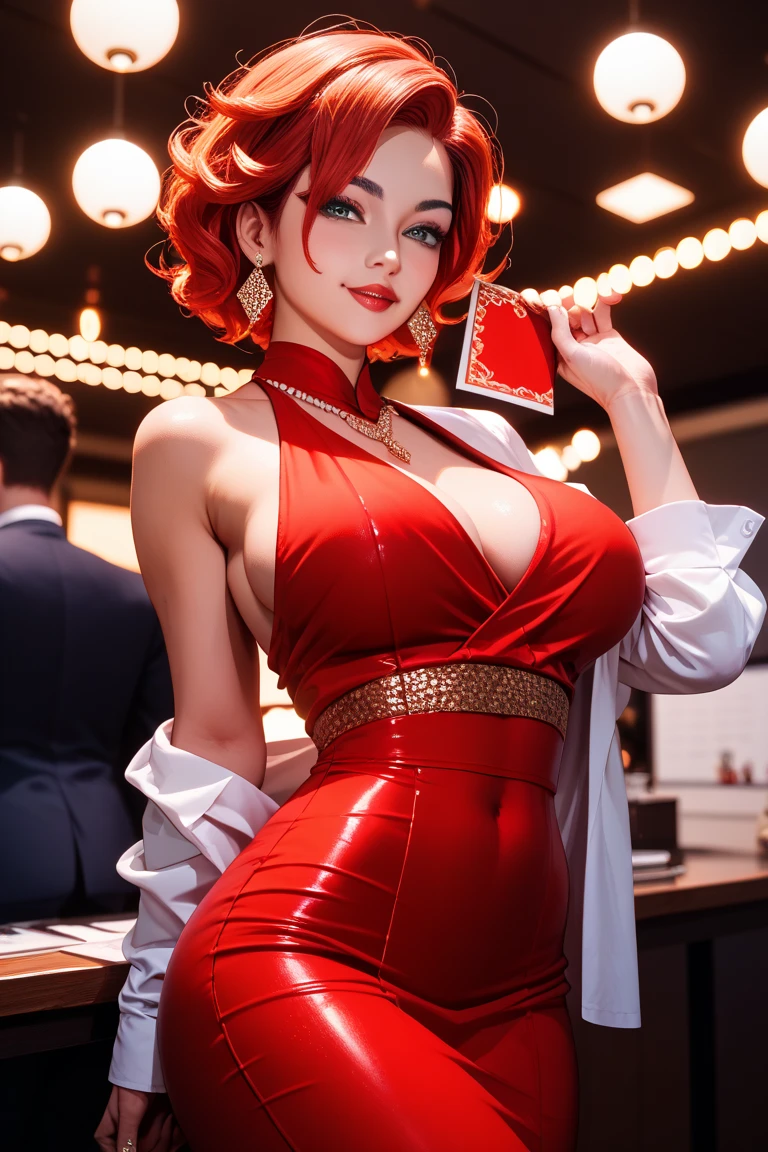 (best quality, masterpiece, ultra-detailed)vintage colors,woman, 32 years-old,vintage pin-up,red hair,bangs,beautiful detailed face, big eyelashes,ponytail,little smile,((((slit mini dress printed with flowers)))),p),photographic studio scenario