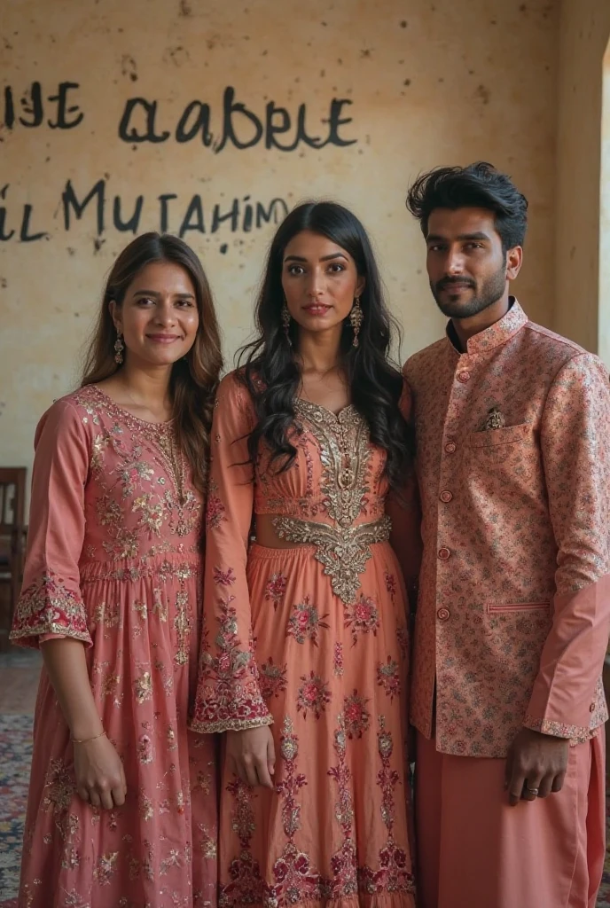 One 40 year old indian woman wears pink colour transparent saree and blouse, looking at camera and standing infront of a 2 indian handsome boy wearing white tshirt and holding camera in hand and clicking her photos, in the house.