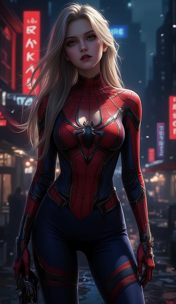 Spiderman female version, Marvel, semidesnuda, Iconic red and blue suit with Spiderman logo, ella esta parada en la punta del edificio empire state de nueva York,very sexy small clothes, joven, cuerpo muy delgado, super skynny body, small and beautiful buttocks, abdomen tonificado, puedo ver sus senos hermosos y perfectos,, piernas hermosas, manos perfectas, inteligente, obscena, poderosa, super sensual, In the background you can see the city of New York with sparkles that illuminate its beauty, mirada sensual, ojos hermosos, cabello largo, classic hairstyle,Hair dyed in bright blonde color, Best quality,8K,A high resolution,Masterpiece,Ultra detailed,Realistic, Photorealistic,photo realistic