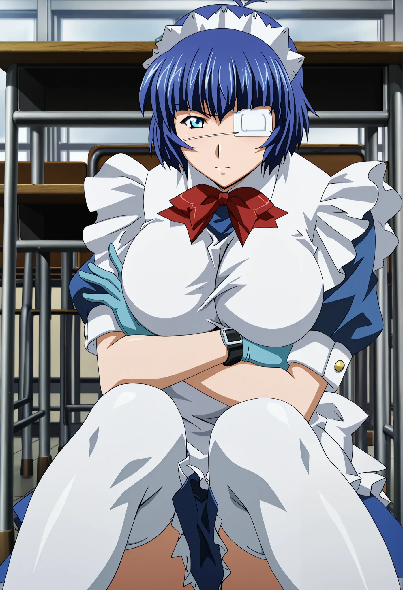1 woman,Alone,full body, Short hair, stupid hair, blue hair, Medical eye patch, blue eyes,the size of their eyes is small,Small eyes, big breasts, school uniform,watch viewers, Facing Viewers,get angry, close-up, classroom, Maid, Medical eye patch, Maid headdress, Maid apron, Blue Gloves, white thigh high socks, red ribbon, blue dress, color, boots, Chest Rubbing, arms crossed,Sit at a desk with legs crossed,Teaching Excellence, ,score_9, score_8_up, score_7_up, source_anime, anime screencap, Intricate Details