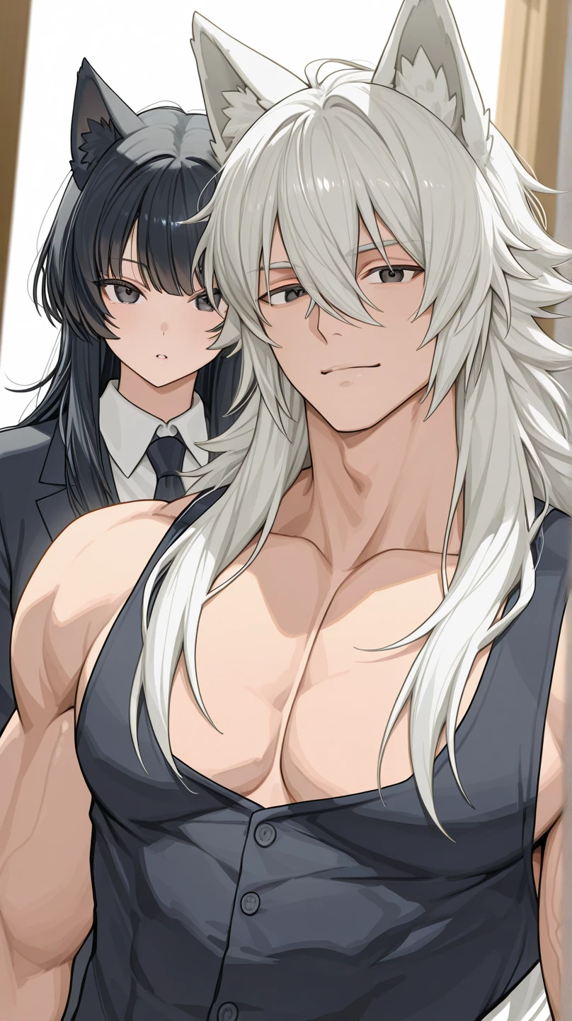 Masterpiece,Best quality,High details,1boys,Light yellow hair,Uniforms,white shirt,,Wear earrings,Black coat,hooligan,This character has muscles,Tall,Very handsome,There are tattoos on the arms,1girll,Long gray hair,The girl is short,The girl is