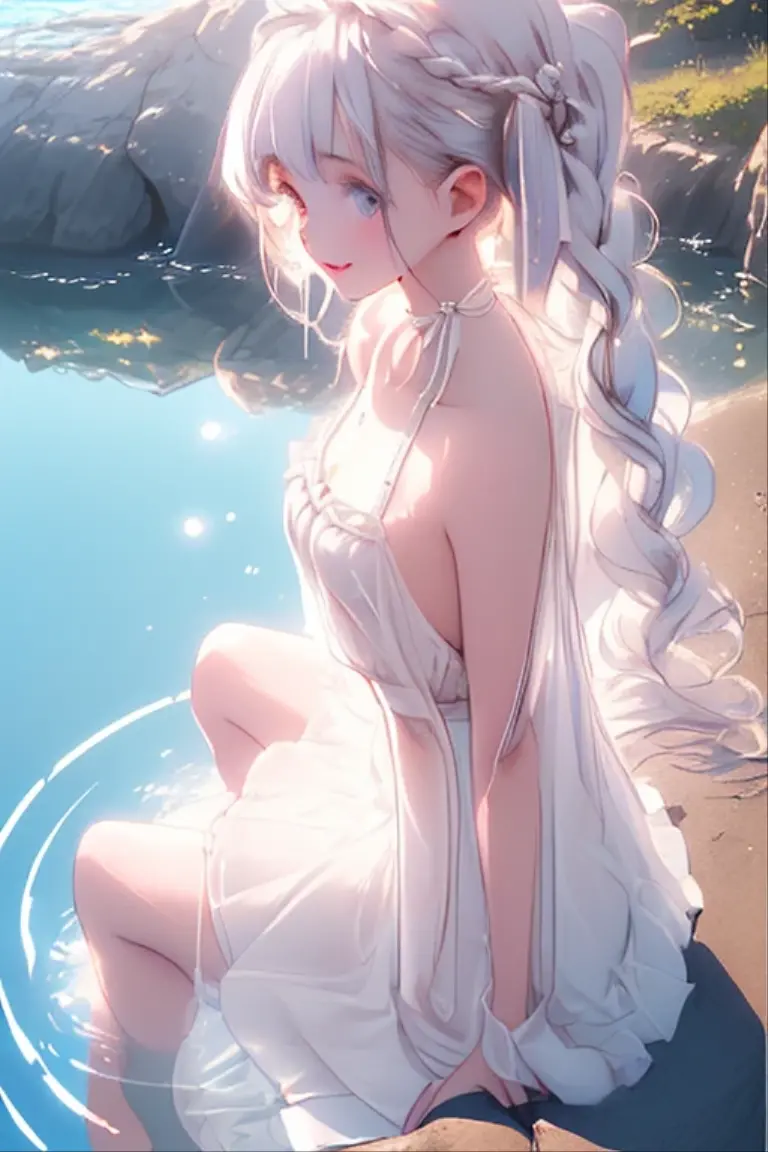 ((masterpiece 1.8)),ultra-detailed, 8K, High resolution, best quality, (stunning cg), ((1girl)), ((solo)), ((from front)), looking at viewer, (head shot), ((very beautiful and cute girl)), ((16years old girl)), (silver hair), (super long hair), (ultra-intricate pupil in eyes), beautiful detailed eyes, colorful detailed eyes,
((small bast)), (bangs), (french braid), ((slender)), parted lips, white dress, bare shoulders, wet clothes, see through, no lingeries, outdoor, horizont, ocean, ripple, water-world,beach, ruffles, (smile), ((sitting on the edge of the water)), ((front light)), ((back light)),(best shadow:1.3),
(soft shadow:1.1),
(beautiful shadow:1.4),
(beautiful reflection:1.3),
(Prismatic light:1.2),
(sparkling light),
(beautiful light:1.2),
(fantastical light:1.3),
(prismatic reflection:1.4),
(soft reflection:1.3),
(natural reflection:1.2),
(sense of depth:1.3),