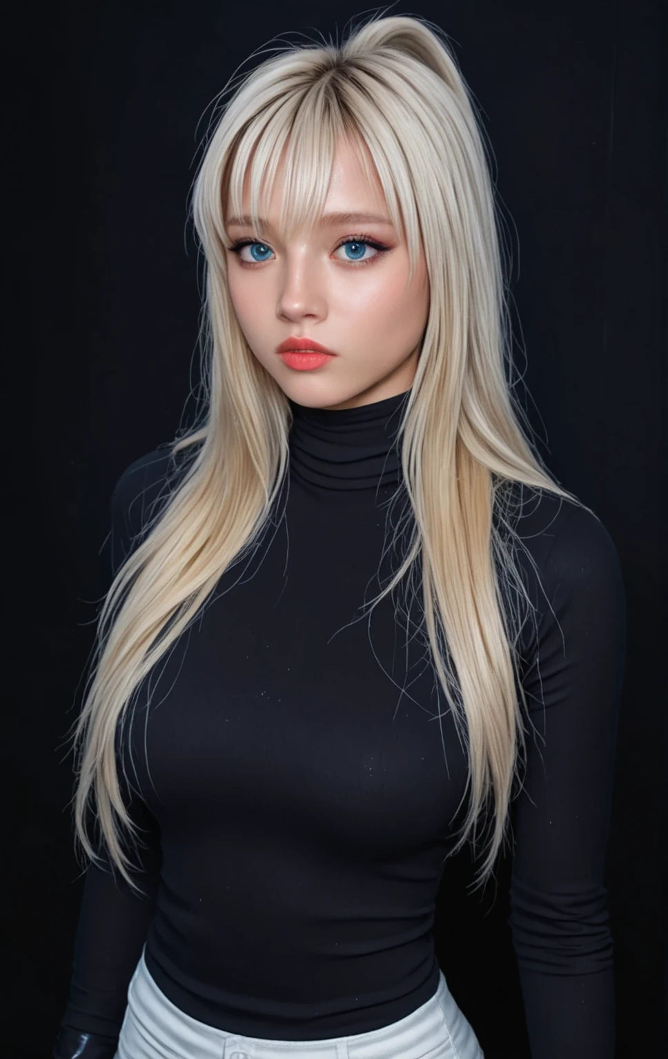(best quality), 1girl, female, porcelain skin, blonde hair, straight hair, medium hair, swoopy tips, brown eyes, perfect eyes, crop turtleneck top, black skirt, skinny body, , small bust, shy, masterpiece, anatomically correct, highres