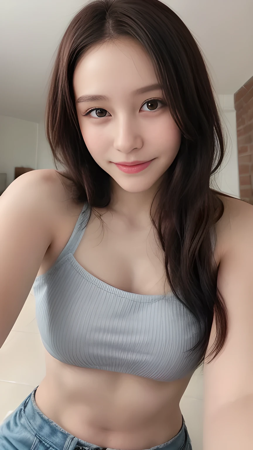  face close-up、Selfie from the front、masterpiece、４hair、（[Pretty Smile 1.6）18 year old woman、black cock、medium hair、｟amount｠、fashion model with two hands、Around town、Instagram、Ad model 、 cute woman、