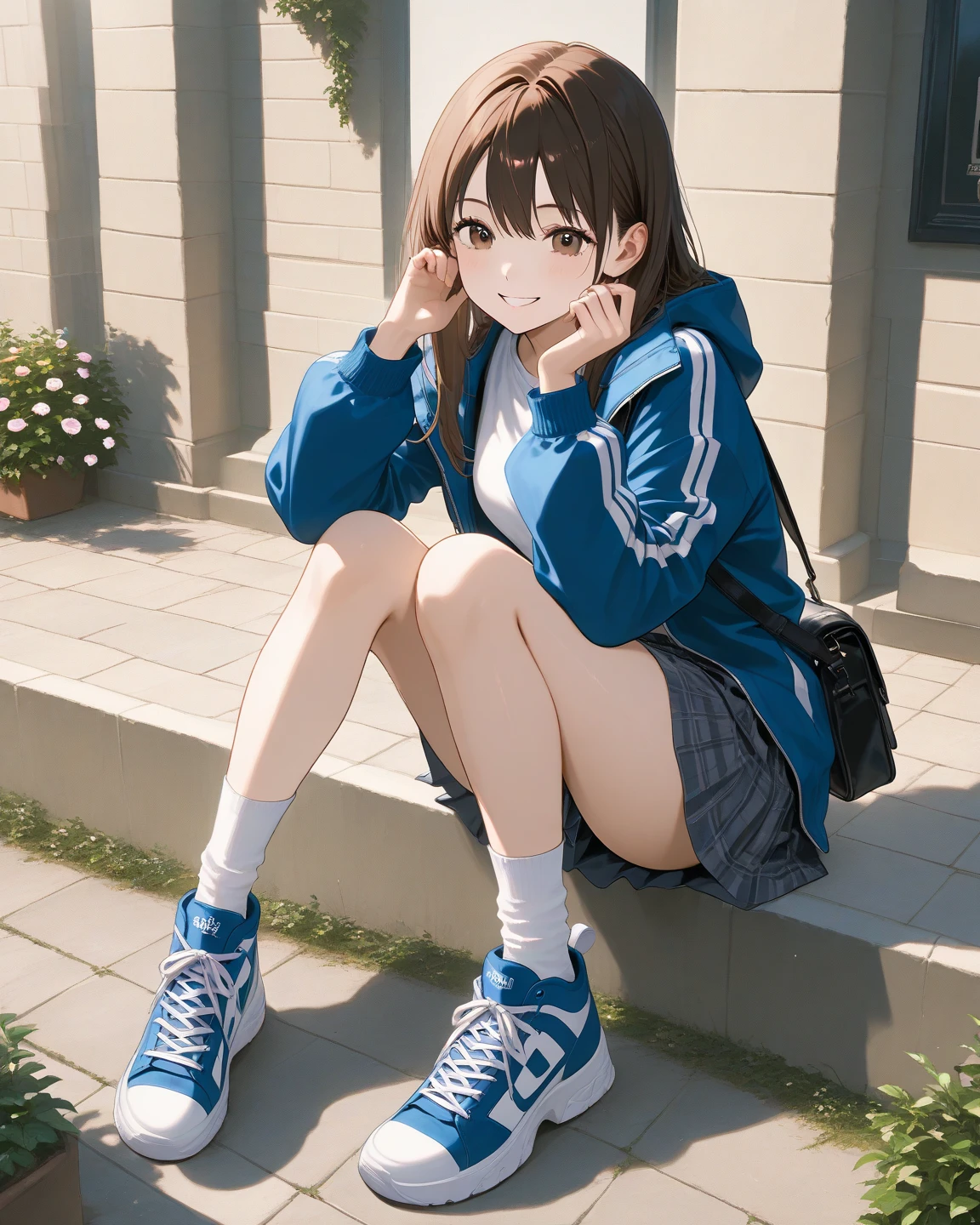 ((Masterpiece, top quality, high resolution, highly detailed CG unified 8K wallpaper)), (huge stunning goddess shot, very hot and sexy, jaw-dropping beauty, perfect proportions, beautiful body, slim body beauty:1.3), Portrait of woman sitting on stairs, smiling, casually dressed, (wearing baseball cap, hoodie, denim shorts and sneakers:1.2), (view from below:1.6),