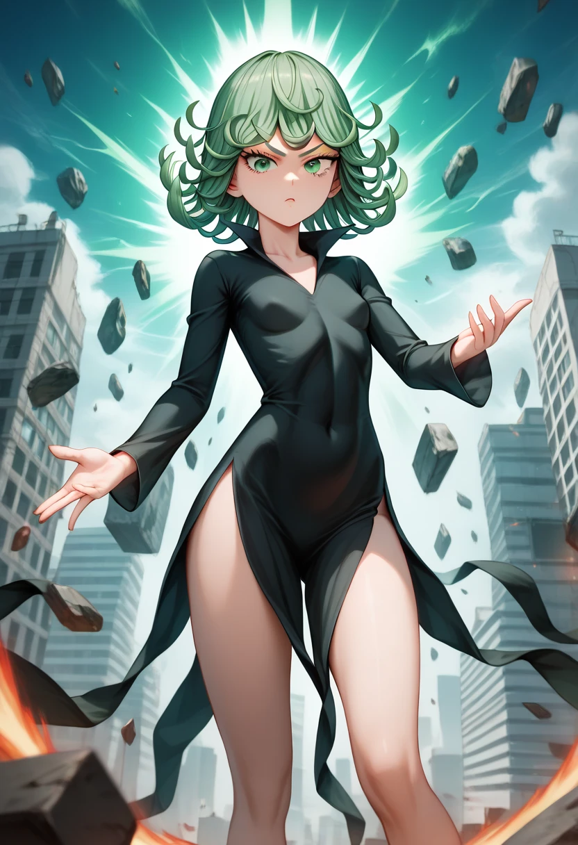 Tatsumaki from one punch man, short green hair, green eyes, Small breast, full body view, wearing fitting V-neck black dress with long sleeves and four high-cut leg slits, smiling, standing in a destroyed city, dynamic pose, dynamic view, hands on hip,
