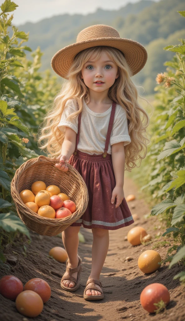 FAZENDA COM CELEIRO, cavalo, GIRLS CHILDREN 12 YEARS OLD, PICKING APPLES WITH A FARMER'S HAT, LOIRAS COM CABELO LISO, TRIGO, ROLOS DE FENO, SOL AO FUNDO DA FAZENDA.
