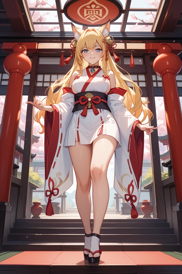 masterpiece, best quality, 1 Girl, Yellow eyes, Medium Length Hair, stairs, Cherry blossoms, temple, Fox Girl, Separate sleeves, Animal ears, Happy, Put your hands behind your back,,High heel，Huge breasts，Fox Girl