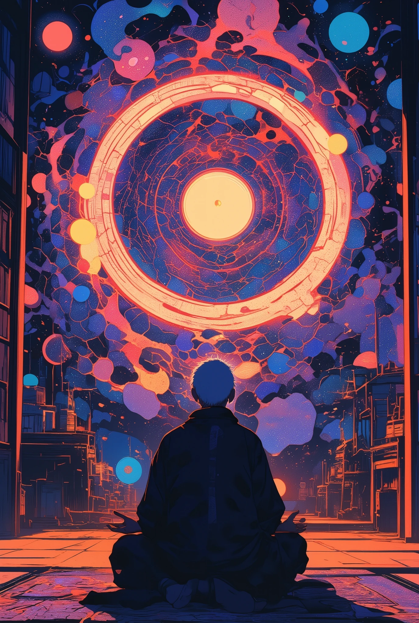Picture of the old man sitting in a traditional Japanese style room、 mandala design is broken,Swirl🌀, psychedelic mandala wall , boy meditating with one eye open , inspired by NEVERCREW , anime, 2D illustrationレーション, 2D illustration, production animeーションセル, Full page illustration , 80s anime art style, hand-drawn cartoon-style art , 2D watercolor illustration , shaded animeーションセル, animeーションセル for anime movie, The old man is facing the front,Glowing Mandala Portals,Glowing Portals Details,Neon Portals