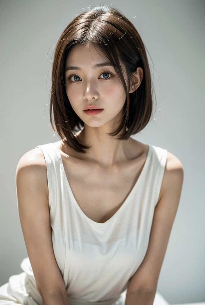lens: 135mm f1.8,(Highest quality), (Beautiful 14 year old Japanese girl), (Moisturized lips), Narrow eyes, double eyelid,Delicate clavicle,Flat Chest,Very short hair,
(Let me me me'Let me me'Let me'Let's take another look), shame, A faint smile,
(In front of a white wall:1.2), Professional Lighting,
(Japanese 、White T-shirt), (Sunburned skin:0.2),Full body photo、Full Body Focus