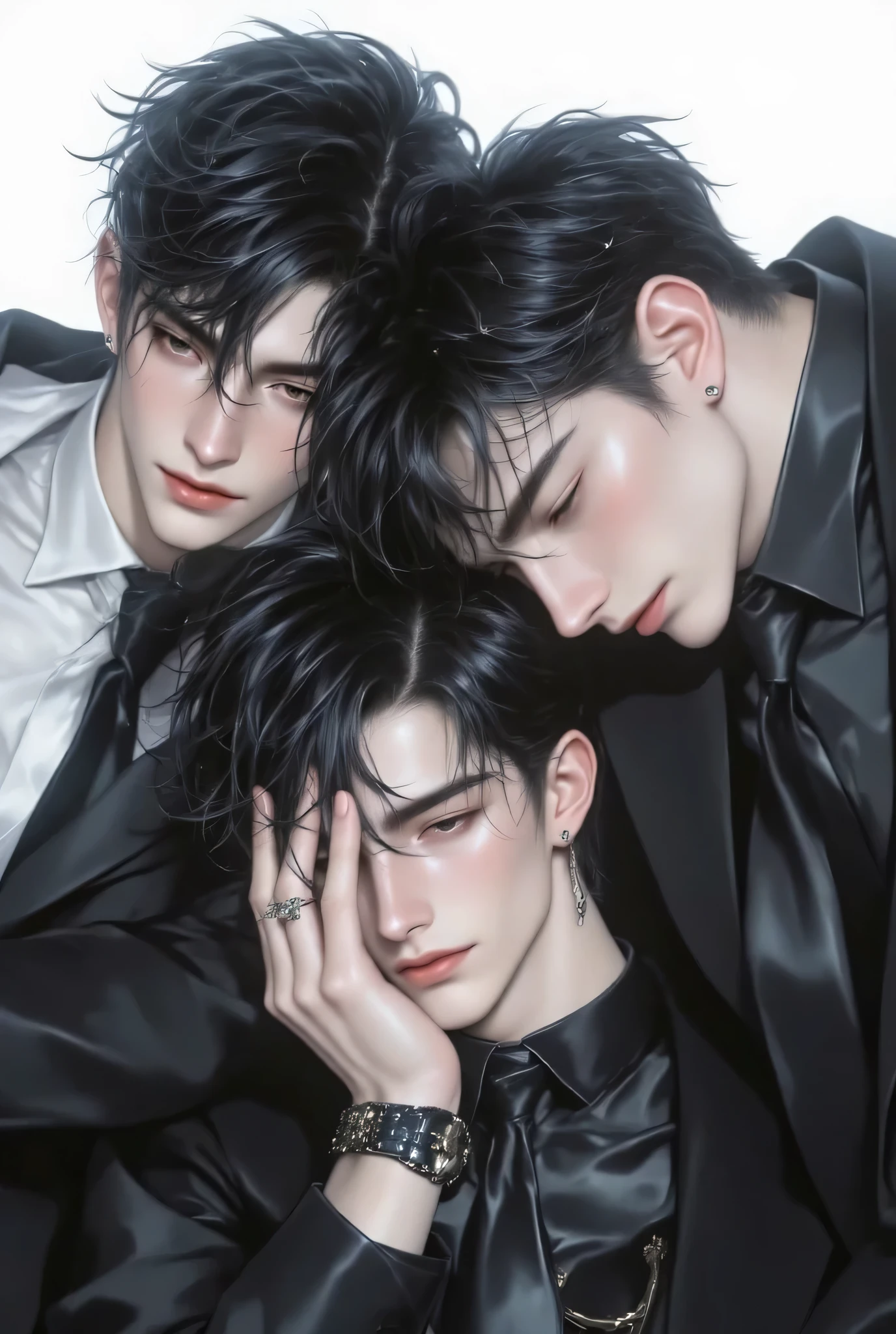 Two men, 〜20 years old, fine hair, 4K, high definition, handsome, simple background scene, couple , One boy leaning his head on the shoulders of another, Heads collide , Tilt your head, sitting next to each other , casual fashion ,