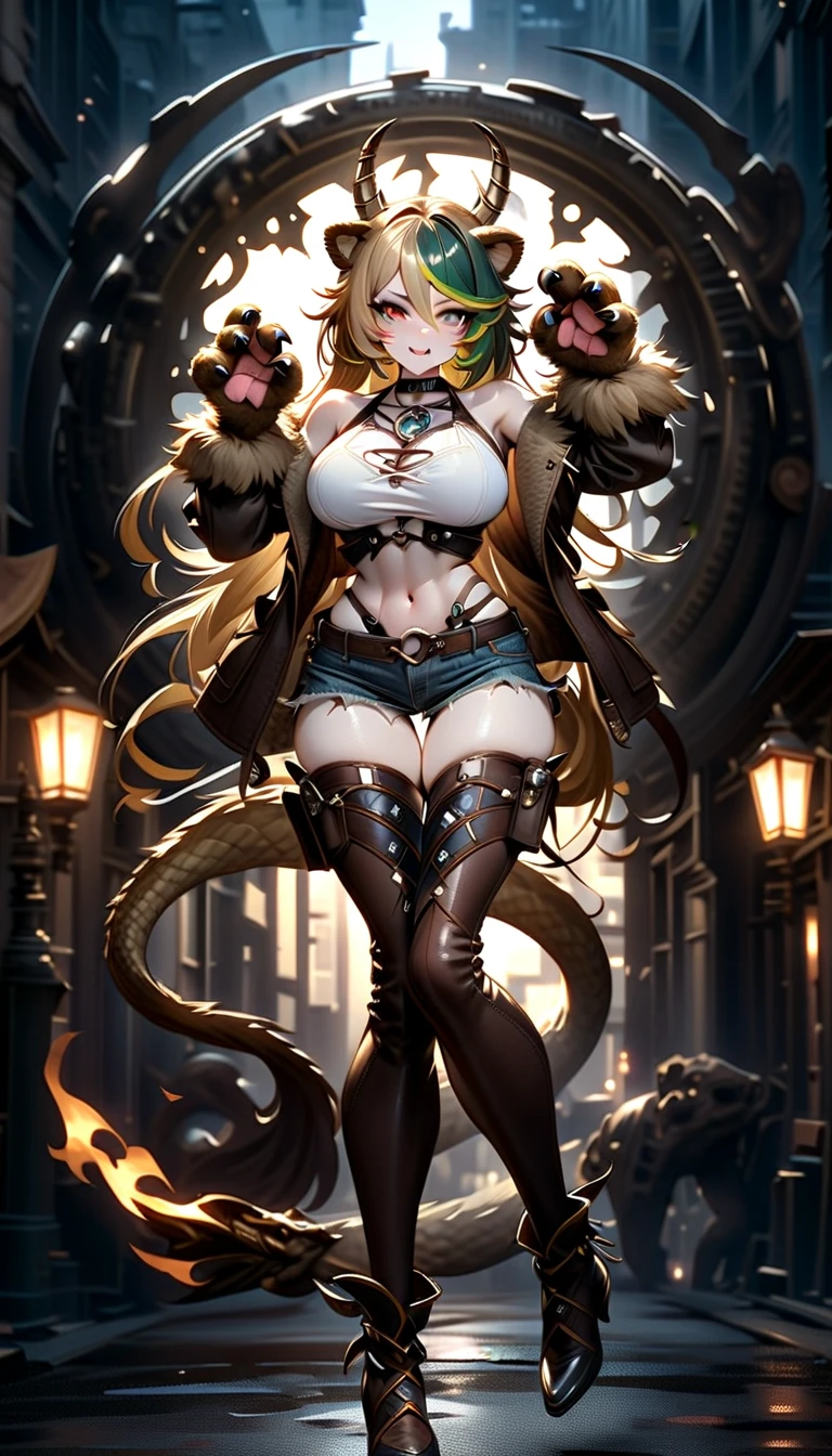 (masterpiece), (best quality:1.4), (perfect anatomy:1.4), high quality, expressive eyes, full body, tall girl, detailed face, beautiful face, perfect face, detailed ((blonde hair)), (green hair), {{pale skin}}, chimera, large breasts, thick thighs, very long hair, bare shoulders, denim, (short shorts), dynamic lighting, high resolution, 4k resolution, dynamic pose, silver jewelry, {fantasy background}, choker, animal ears, cat ears, ((lion ears)), {{snake head tail}}, snake tail, (tail), ((multicolored hair)), thigh-highs, horns, goat horns, dragon horns, curvy, ((monster girl)), heterochromia, red eyes, icy blue eyes, feathered wings, claws, thigh gap, white shirt, brown leather jacket, cowboy hat, midriff, animal hands,