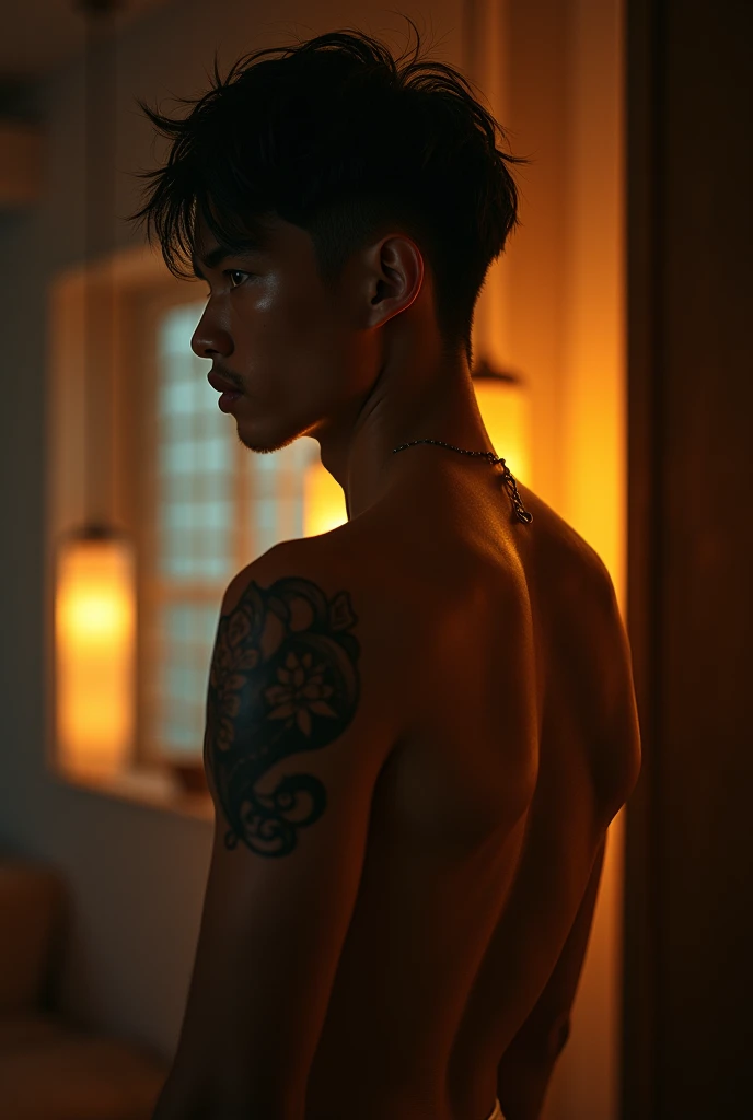 young, strong Korean boy with his tattooed arm facing away from him without a shirt, seen in his bedroom window