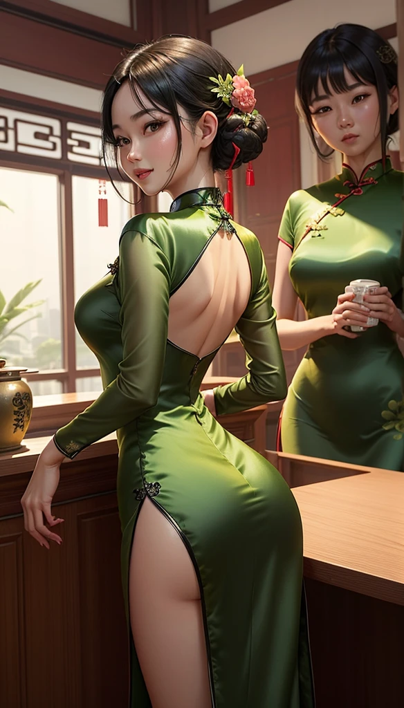 Mature Woman、Green Hair、(((Two-tone hair)))、(((A Chinese dress with delicate decorations)))、((Genbu motif))、Slender women、Cute Woman、 8K Ultra HD,Detailed face、Delicate texture, Long Hair、(((Blunt bangs)))、(((Bun Head)))、Thigh-length stockings、Kung Fu Shoes、mini skirt、Chinese atmosphere、((Delicate photo)),(Girl Astepeace RAW Photo Details:1.25), (highest quality:1.6), (超A high resolution:1.5), (Realistic:1.75), 8K resolution, Canon EOS R5, 50mm, Absurd, Very detailed,Cinema Lighting