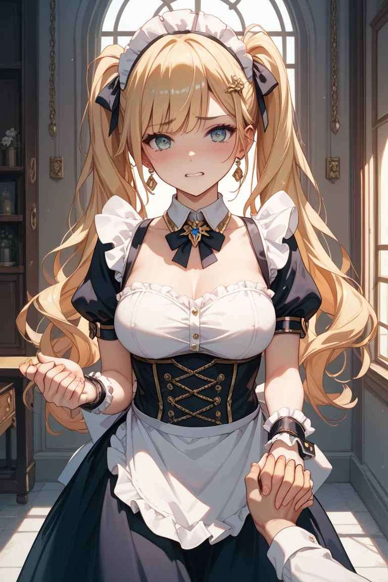 ((masterpiece, best quality, highest quality, ultra-detailed, 32K cg wallpaper, high resolution)),1 woman,golden hair,light blue eye,very long ponytail hair,center parted bangs,huge breasts,smile,parted lips,french maid,standing,from left in front,bed side,