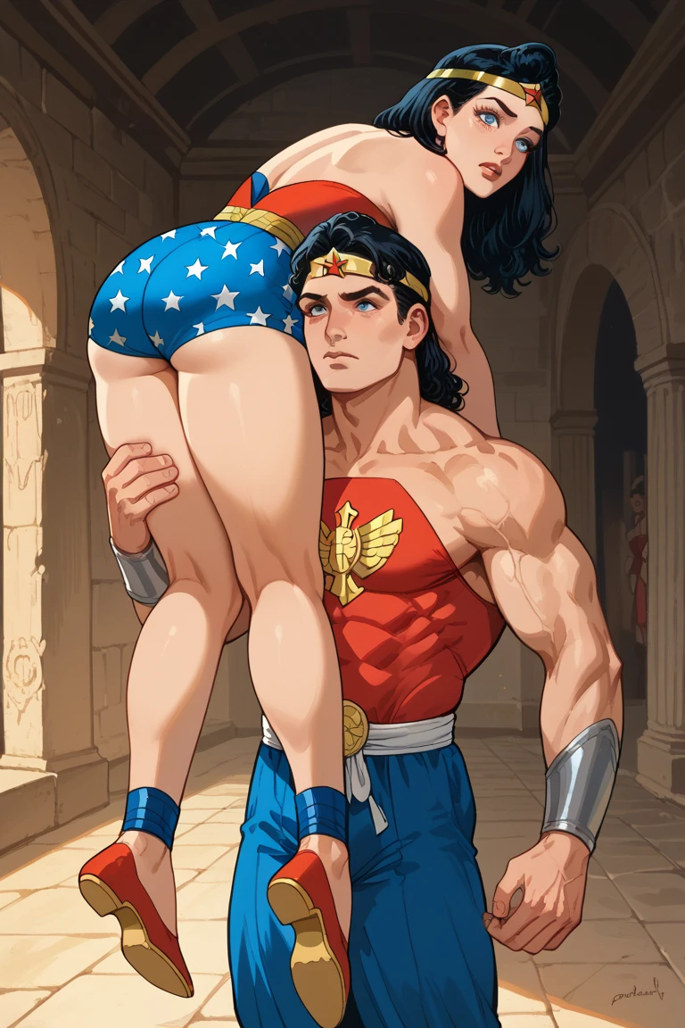 ((multiple thick body mature women age 40 American milf super model)) wearing Asgardian robe, maid standing by watching, (((1man sitting on long couch 1woman smothering breasts on face, side view, riding on top sex pose, grab backside))), smiling, show nipples exposed
