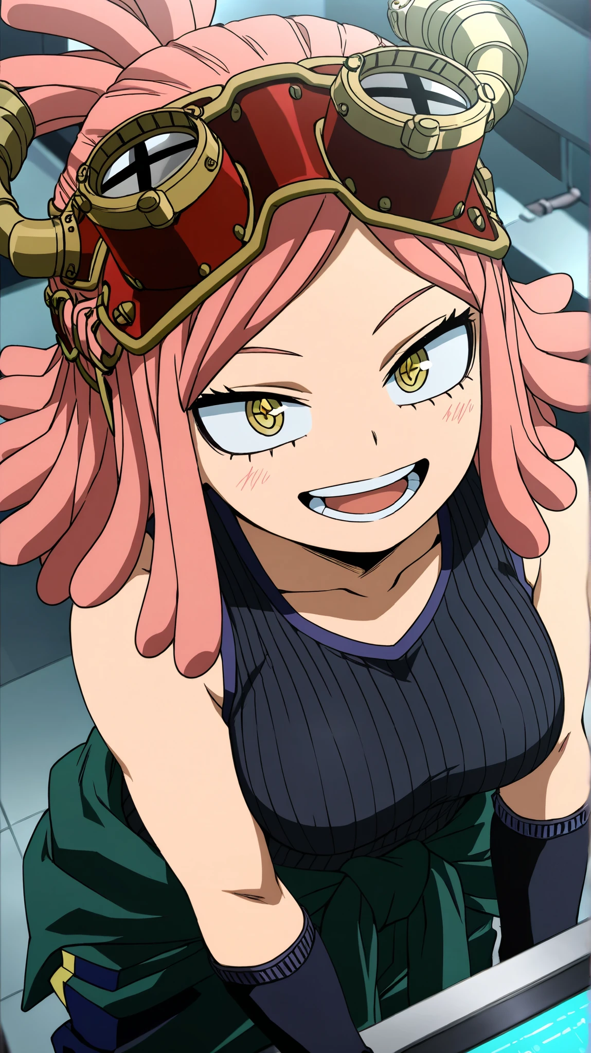 , hatsume mei, my hero academia
High quality , best quality , masterpiece, High Resolution , detailed face( LoRA: mei),anatomically correct, detailed hairstyle( LoRA: mei),anime Coloring
solo, 1 girl
shirt,gloves,bare shoulders,medium breasts,collarbone,yellow eyes,pink hair,sleeveless,black gloves,pants,fingerless gloves,medium hair,symbol-shaped pupils,tank top,goggles,goggles on head,partially fingerless gloves,clothes around waist,ribbed shirt,,
looking at viewer ,close up,upper body,from above
laboratory, machine
smile,open mouth,