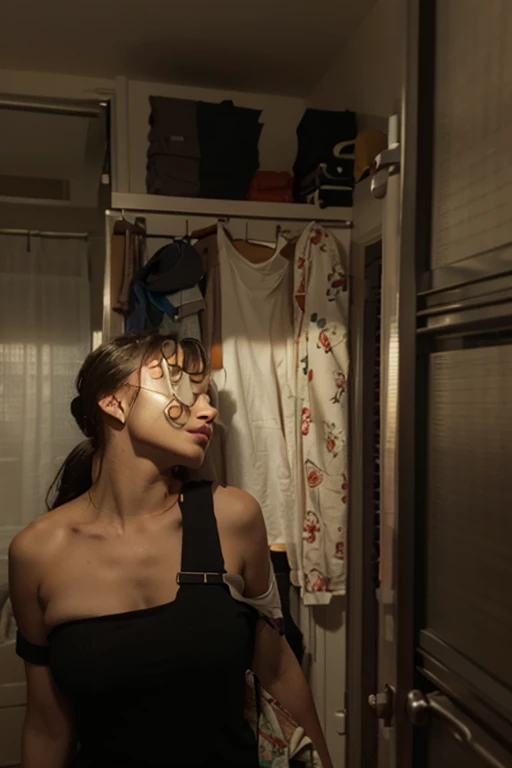 polaroid photo, night photo, photo of gigi hadid wearing mask staring at mirror and her reflection, black background , motion blur, hyperealistic
