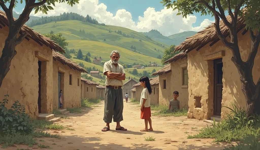 Visual description: A dirt road, simple houses, ren playing, and "Ayman", a  carrying his bag and walking with a smile.