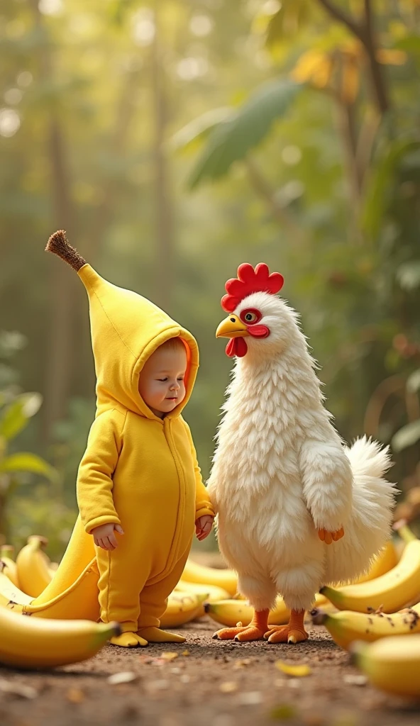 a baby in a chicken costume walking next to a duck, a picture, trending on reddit, national geographic footage, 💋 💄 👠 👗, 240p, drake