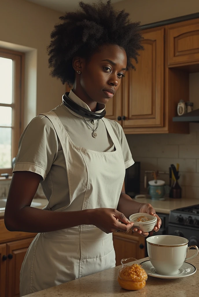 Generate a beautiful Ethiopian programmer girl with long combed hair on her back and wearing a full Red long skirt covering her entire body. Add a few more details to the scene, such as a cup of traditional Ethiopian coffee or a small Ethiopian snack on the desk, to make it more culturally authentic. Put in the background"Code with Bezi".