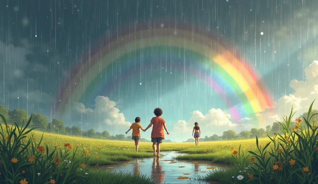 Rainbow in the Sky**: Capture the moment when the rain stops and a bright rainbow appears in the sky, with the children looking up in awe.