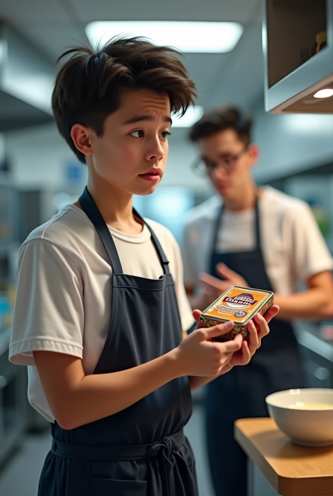 Two boys, one blond blue eyes and the other dark hair green eyes, both 16 years old, cooking and laughing