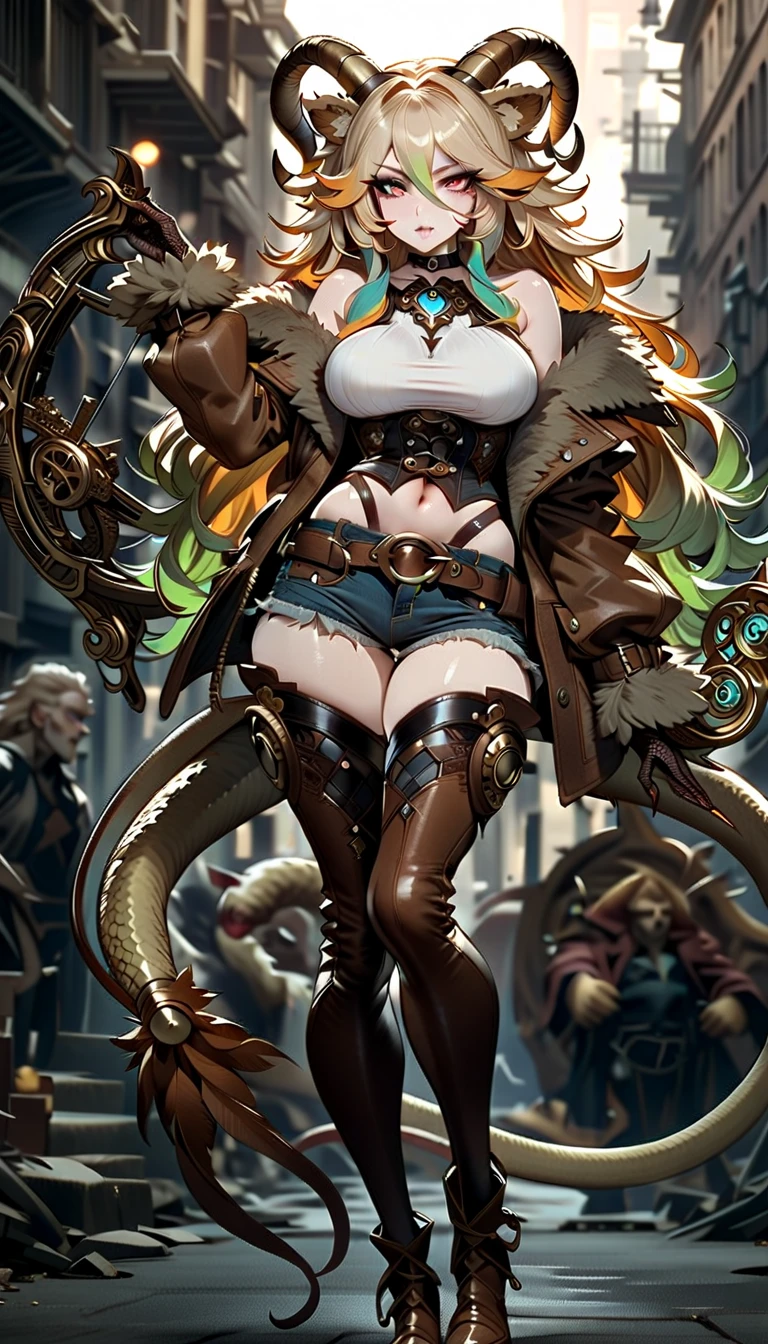 In a very grand scene,The extra-large wide-angle lens captures the appearance of a female centaur。She is tall,It has the ultimate curvy beauty,The muscles are slender and firm,Beautiful lines。Her facial features are tough and coquettish,Always with a sunny smile。She wears special tight-fitting equipment with a strong sense of technology,Step on multifunctional off-road style heels,Delicate and practical protective gear is worn on the hands, feet, wrists, neck and shoulders。The detection equipment around you flashes various cue lights and neon-like information screens,Let her exude a charming brilliance。Use Midjourney's advanced tools,Design special tight-fitting equipment for female centaurs,Highlight her unique physiological characteristics and appearance details,Add realism。And in her adventure scene,Spectacular views of nature,Such as the sky where storms and sunny days alternate、Brilliant rivers of stars and auroras、The snow-capped summit of Mount Everest、Fireworks in the mountain town, etc。ao mesmo tempo,Away from the hustle and bustle of Long Beach Pier is a neon-lit spaceship docked,Create a fantastic scene。Use Midjourney's advanced tools and multiple color palettes、Brush Strokes、Texture tools and model packages,It shows a sense of atmosphere where beauty and charm coexist。The charm of the female centaur is highlighted through color and lines,Enhance realism with detailing,Create a surreal dreamy feeling。Additionally,Use Midjourney's tools to add a variety of extreme sports gear and cultural trinkets to the female centaur,Create intricate hairstyles and outfits,Give her a sense of premium。She never flinches,Regardless of the terrain,can respond quickly,Even the extreme geography and dangerous terrain of aliens cannot stop her。Use Midjourney's powerful tools,You can do it with incredible detail and beauty,Bring this ultra-grand and beautiful scene to life。Ultra-grand scenes,super wide shot, hdr,(真实感,Masterpiece quality,best qualtiy),