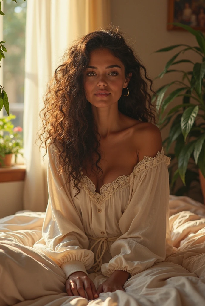 (photorealism:1.2), beautiful woman, sitting on bed, wearing loose off-shoulder top, pajama pants, long curly hair, indoors, soft lighting, plants in background, window with sunlight, cozy room, relaxed pose, realistic, intricate details, warm colors, by Greg Rutkowski, by Alphonse Mucha
