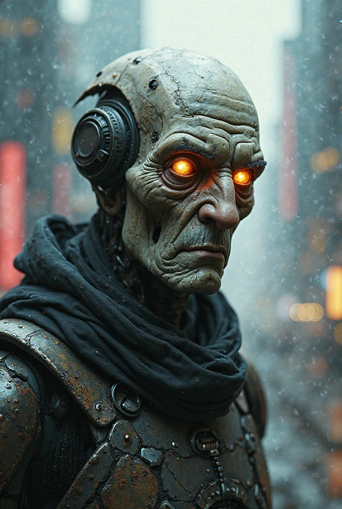 Top quality, masterpiece, oriental old poetry background, creature wearing complex white traditional mask, body made of complex machinery, science fiction, detailed science, life science, wearing oriental shabby traditional clothes, detailed image texture, bizarre, horror, creepy atmosphere (not AI image), cloudy weather, foggy, low color image, eerie, very tall creature, smiling eerily, creature looking down, image centered on person