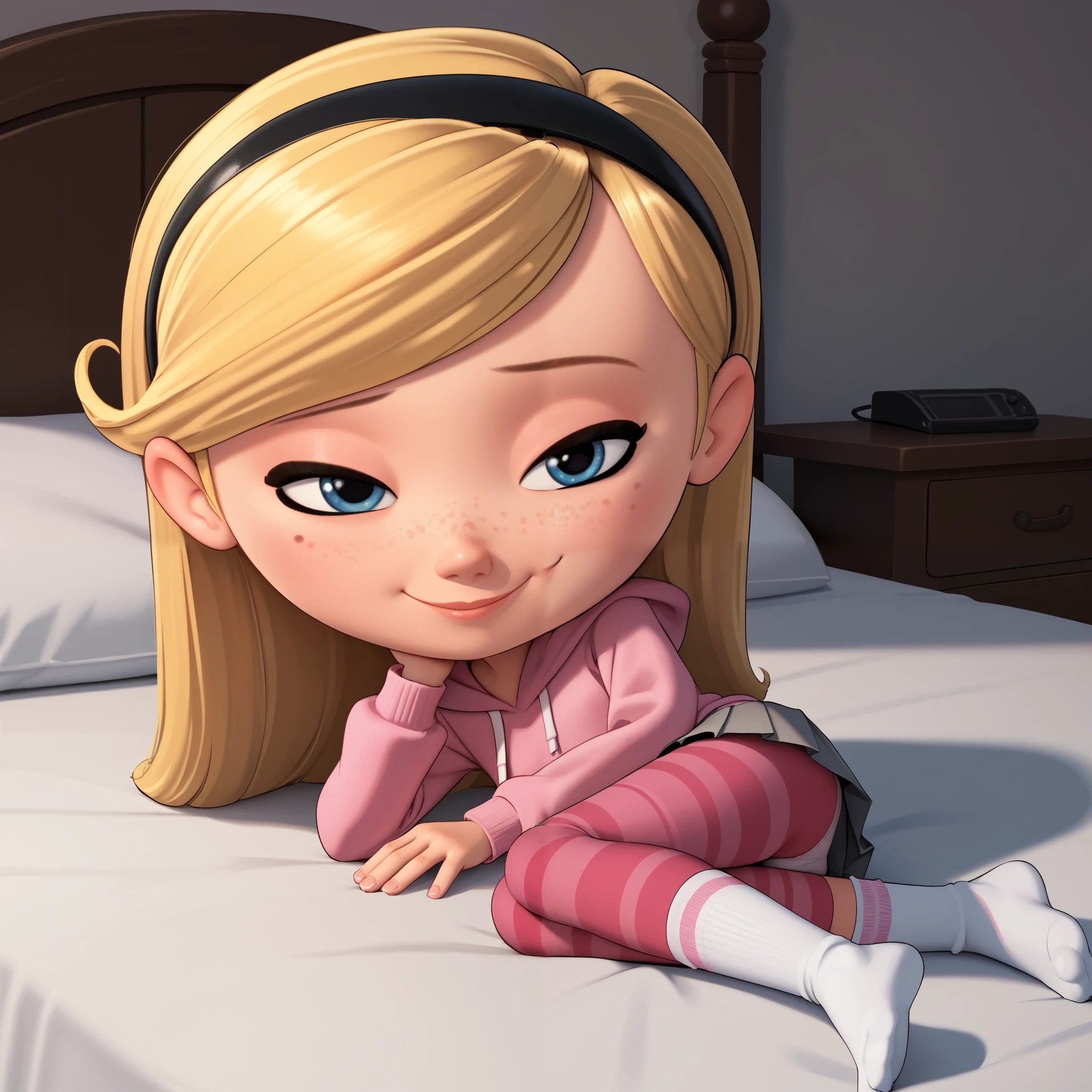 score_9, score_8_up, score_7_up, source_anime, 1girl, solo, penny peterson, long hair, blue eyes, 3d, freckles, blonde hair, ,bright pink hoodie , pleated skirt , grey skirt, ,maroon leggings, ,white socks, ,no shoes, ,hairband, black hairband, ,cute smile , cute giggle, exposing her white panties, ((bedroom)), sleeping in bed, sleepy, leaning, cute girl, snuggled up, snuggling, soft lighting