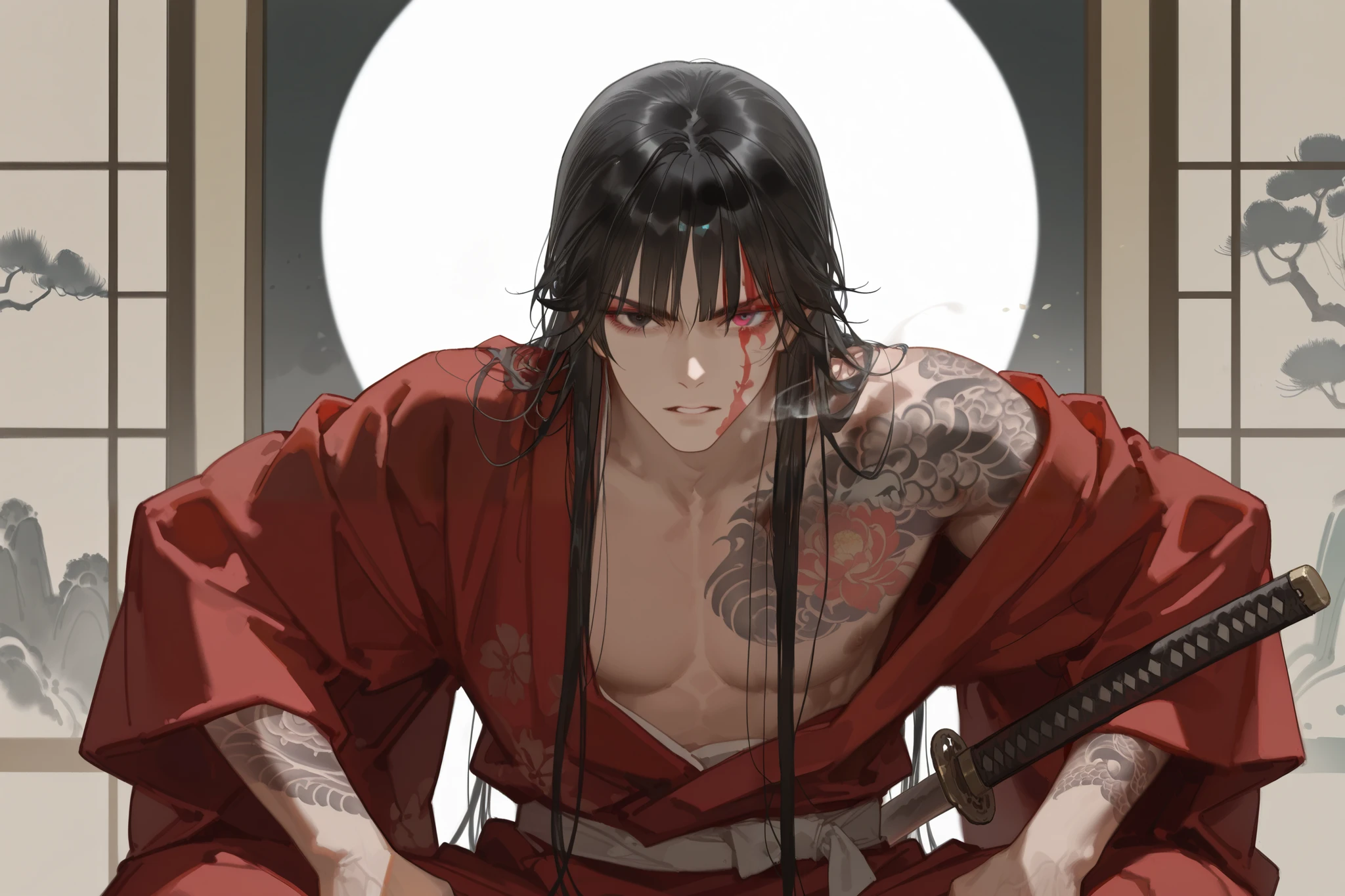 masterpiece, best quality, very aesthetic, newest, absurdres, highres,
yuyuhuadiao,
1boy, solo, long hair, male focus, black hair, colored eyelashes, parted lips, red kimono, looking at viewer, tattoo, straight bangs on the face, heterochromia, very highly detailed face, yakuza, japanese style, japanese style background, very detailed background, very detailed face dynamic pose, katana