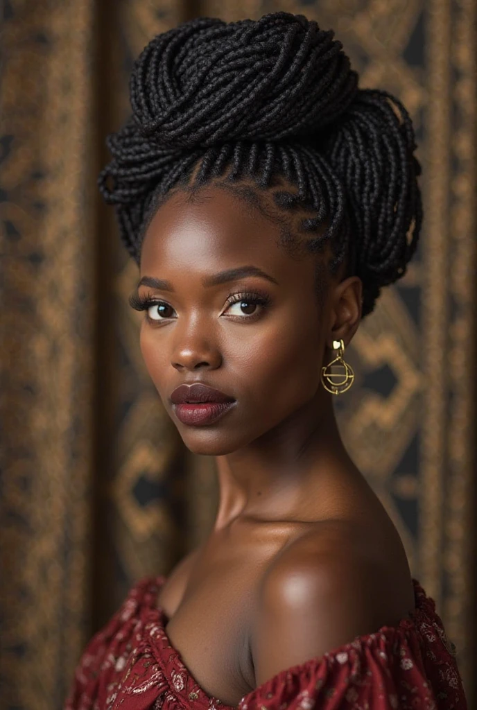 detailed portrait of an African model, detailed beautiful eyes, detailed beautiful lips, extremely detailed face and skin, long eyelashes, large breasts, 1.2-breasted cut-out top, traditional hairstyle, front profile view, 4k, extremely detailed, high resolution, realistic, masterpiece, cinematic lighting, dramatic shadows, sitting on a chair, eyes towards the audience, wide angle shot