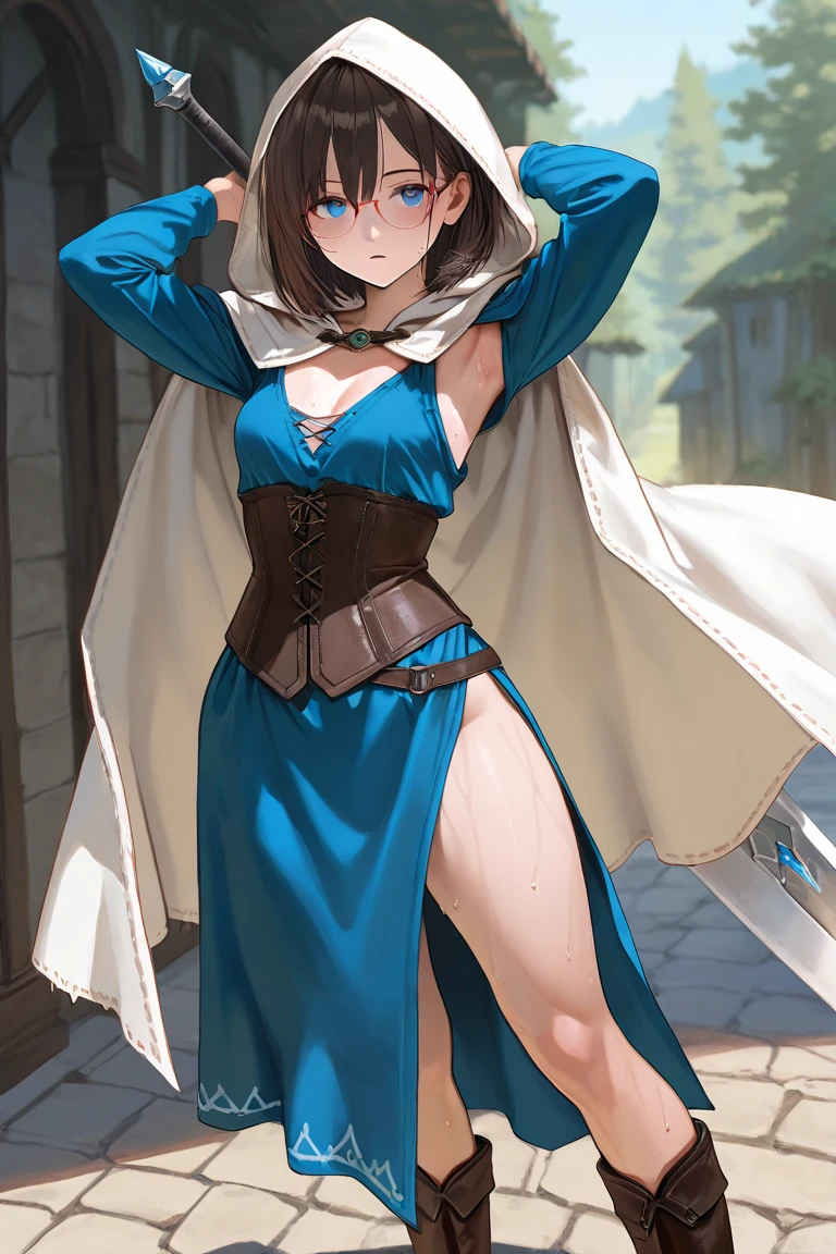 Charlotte Aulin - Castlevania, sexy young girl, brown hair, sexy, the girl stands tall, blue long stockings, small nude tits