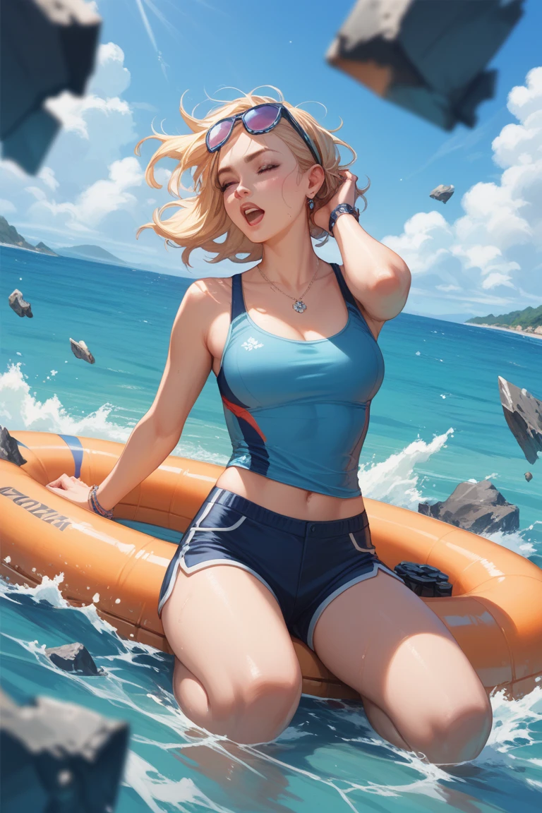 top-quality、8K Masterpiece、超A high resolution、(Photorealsitic:1.3)、Raw photo、1人、20 year old Eastern European woman,ue,blonde hair、Very accurate glowing skin、1 Cyberpunk Super Beauty、((super realistic details))、portlate、globalillumination、Shadow、octan render、8K、ultrasharp、highly intricate detail、Realistic light、CGSoation Trends、Beautiful eyes、radiant eyes、Facing the camera、neon details、((Coastline Trail)),(Skin shiny with sweat:1.1),tshirts,Sweaty shirt,((Running Wear))
