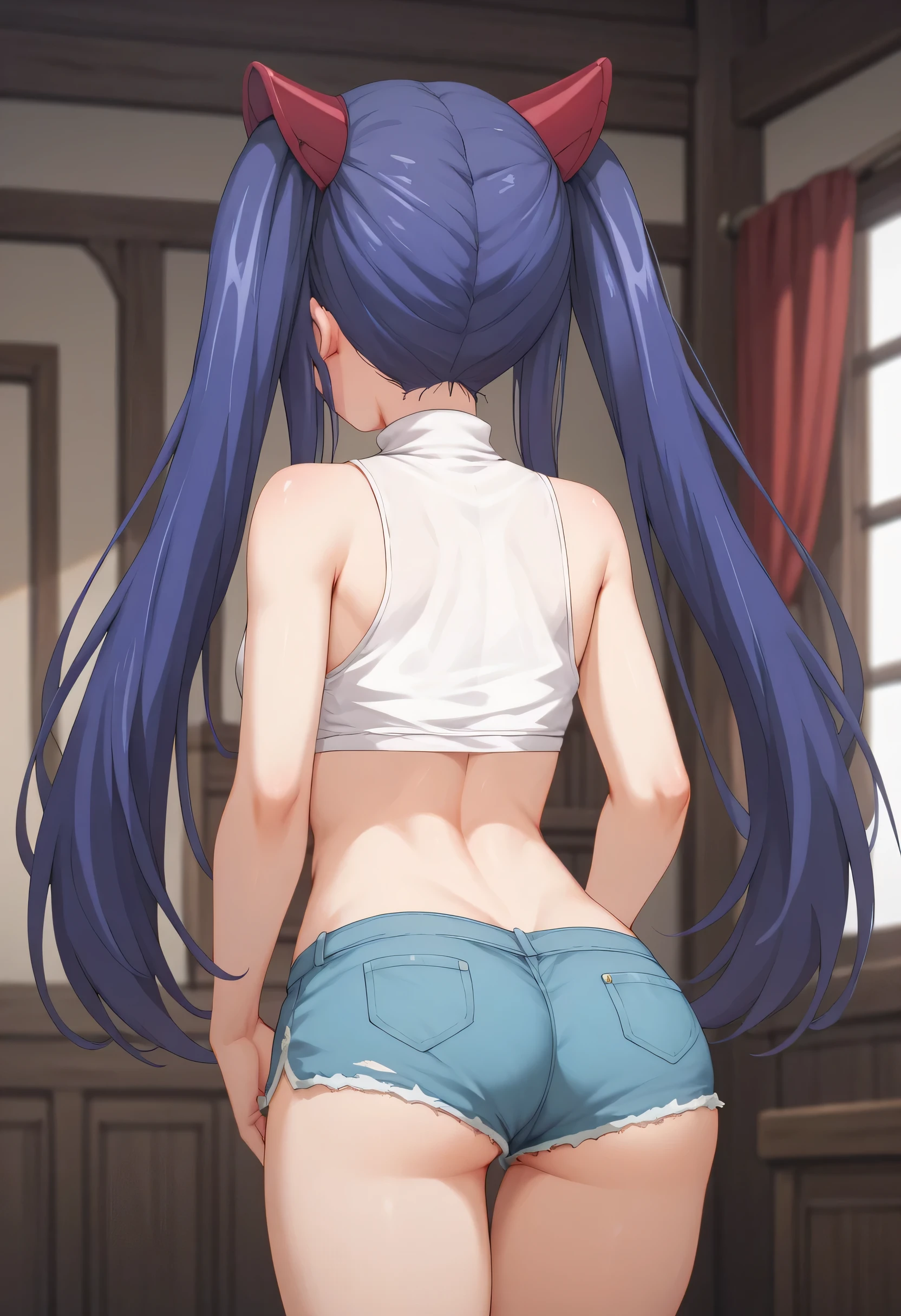 An image of Wendy Marvell with a sensual face standing blushed with flat breasts. Wearing a sleeveless white turtleneck blouse with a short shorts standing lifting her butt in a room, Back view