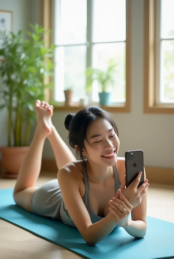 A Japanese woman lying on a yoga mat in a training room is taking a selfie。The chest is attractive