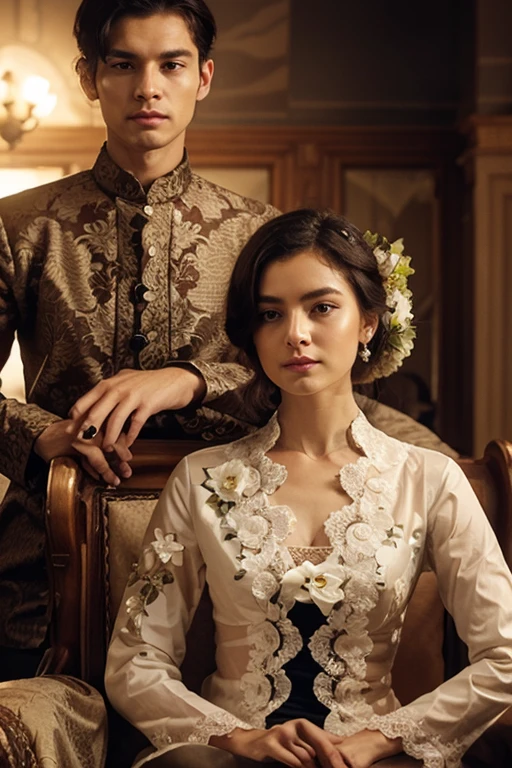 This image features an intimate and romantic scene between two human characters., one man and one woman.
The woman, to the left, has fair skin and wavy black hair that falls over her shoulders. she has golden eyes, and her dress is black and elegant, with a deep neckline that reveals a necklace with a red stone, complementing her red earrings. your expression is serious, but at the same time attentive, as she looks directly at the man.
The man, On the right, is taller and has a robust appearance. He has light brown skin and wavy black hair., that fall on the forehead, and he has blue eyes. He is dressed formally, with a black suit and a dark shirt, no tie. His expression is intense and concentrated, as he leans his head closer to the woman, looking deep into your eyes. One of his hands is resting gently on her lower back., and the other is extended in a gesture of protection or possession.
The background of the image is simple, with a dark tone, which makes the characters stand out even more. The scene conveys a feeling of mutual attraction, tension and perhaps even forbidden love, highlighting the emotional and physical closeness between the two characters.