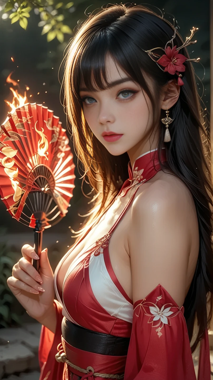(masterpiece, top quality, best quality, official art, beautiful and aesthetic:1.2), (1 woman:1.3), very detailed,(fractal art:1.1),(fancy:1.1)(flowers:1.3),most detailed,(젠탱글 neon:1.2), (dynamic pose), (추상적 인 배경 neon:1.3), (glowing skin), (various colors:1.4), ,(earring), (feather:1.5) , (flamethrower:1.3),red background,phoenix dress,neon,full hd