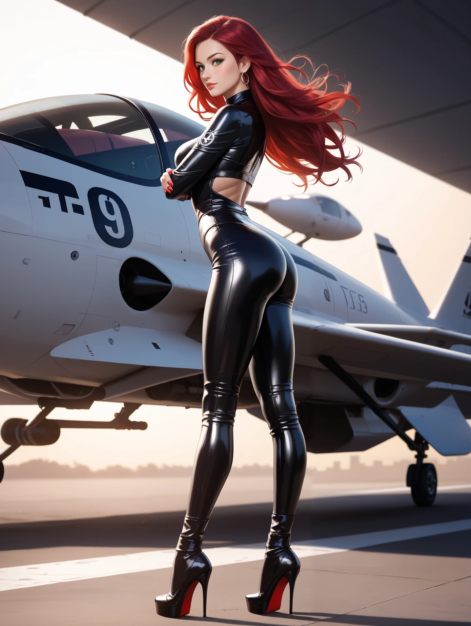 19yo woman, detailed wavy red hair, hourglass figure, athletic build, soft lighting, pilot outfit, pilot helmet, bodysuit, detailed outfit, exterior airfield, playful laugh, delightful smile, adult woman, beautiful woman, gorgeous, woman, full body, sexy woman, airplane, Waiting to make love to you, young woman